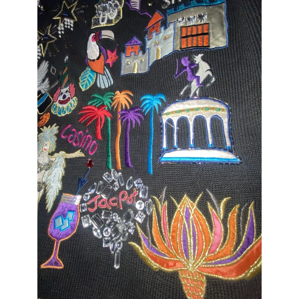 Vintage Las Vegas Casino Novelty Knit Sweater Black Embroidered One Size - Picture 3 of 12